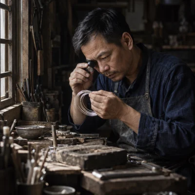Portrait of Đinh Văn Hùng, silversmith in his forties, bent over the jeweller's bench in Định Công with a loupe and a coil of silver wire, third generation of the family trade