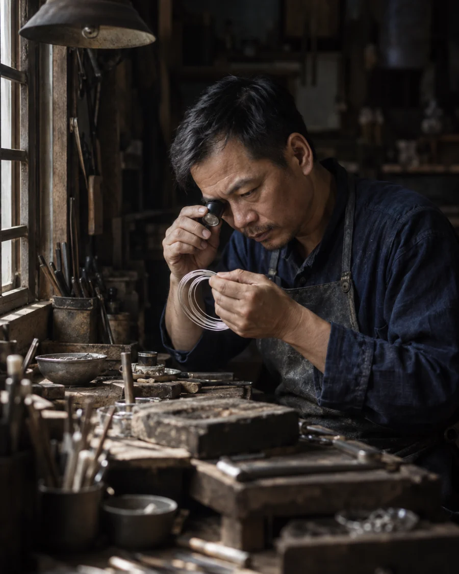 Portrait of Đinh Văn Hùng, silversmith in his forties, bent over the jeweller's bench in Định Công with a loupe and a coil of silver wire, third generation of the family trade