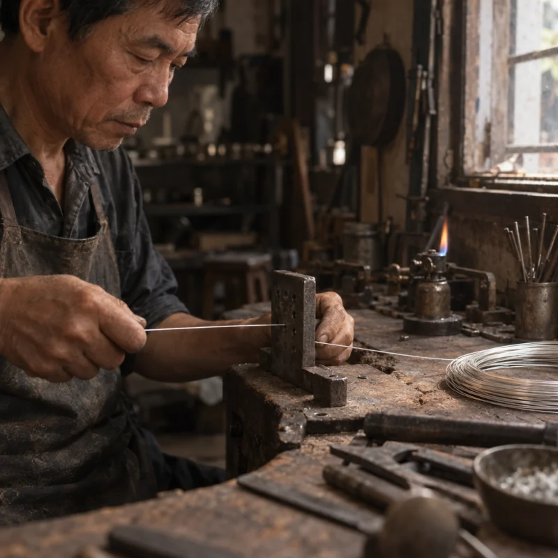 Silver wire drawn through a steel plate, growing finer, on a worn bench, at a Định Công silversmith's bench, worn wood, fine silver wire and a small torch flame, warm grey and silver tones