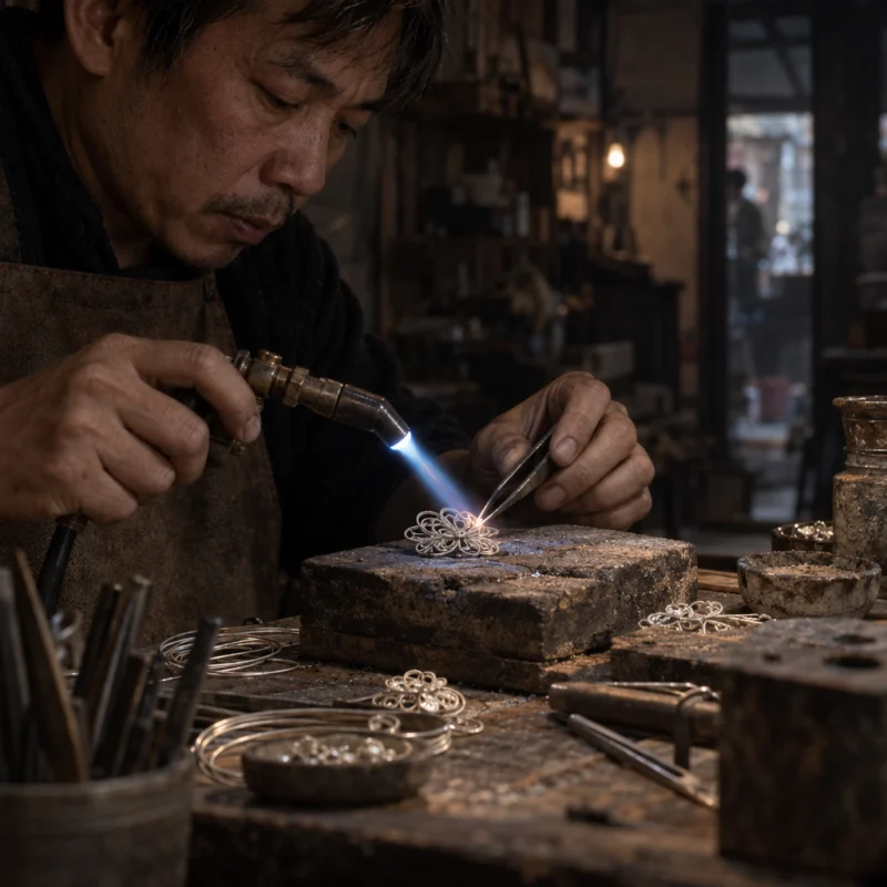 A small blue torch flame soldering silver filigree held in tweezers, at a Định Công silversmith's bench, worn wood, fine silver wire and a small torch flame, warm grey and silver tones