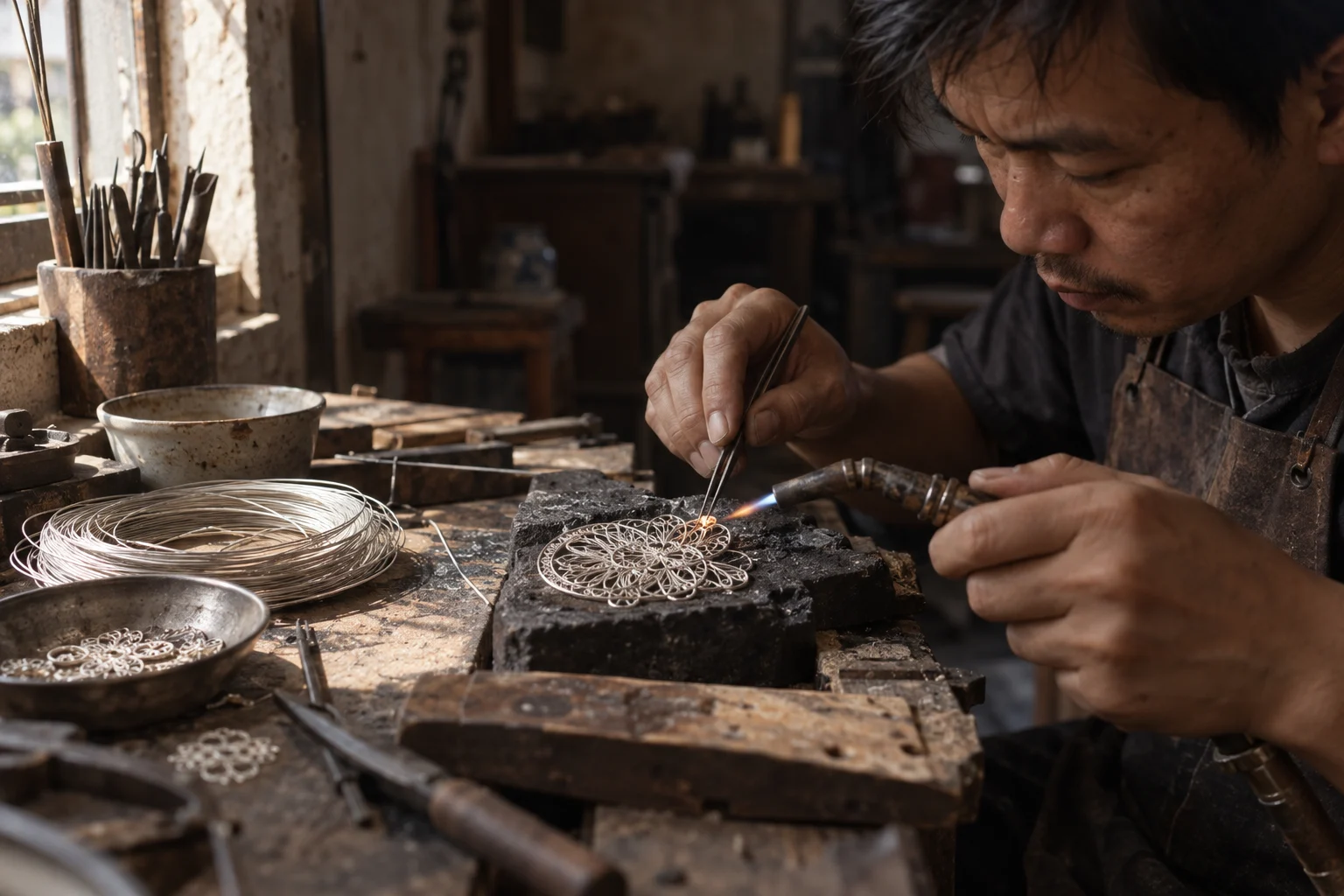Twisted silver wire bent and set into a lace pattern on a charcoal block, at a Định Công silversmith's bench, worn wood, fine silver wire and a small torch flame, warm grey and silver tones