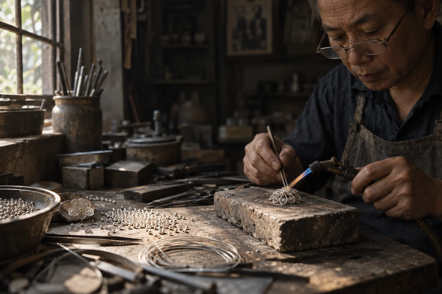 A scatter of tiny silver beads beside a finished filigree piece, at a Định Công silversmith's bench, worn wood, fine silver wire and a small torch flame, warm grey and silver tones