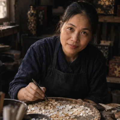 Portrait of Đỗ Thị Hương, eggshell-inlay artisan in her forties, at a tray of sorted duck eggshell in the Hạ Thái workshop, tweezers in hand, looking up, second generation of the family trade