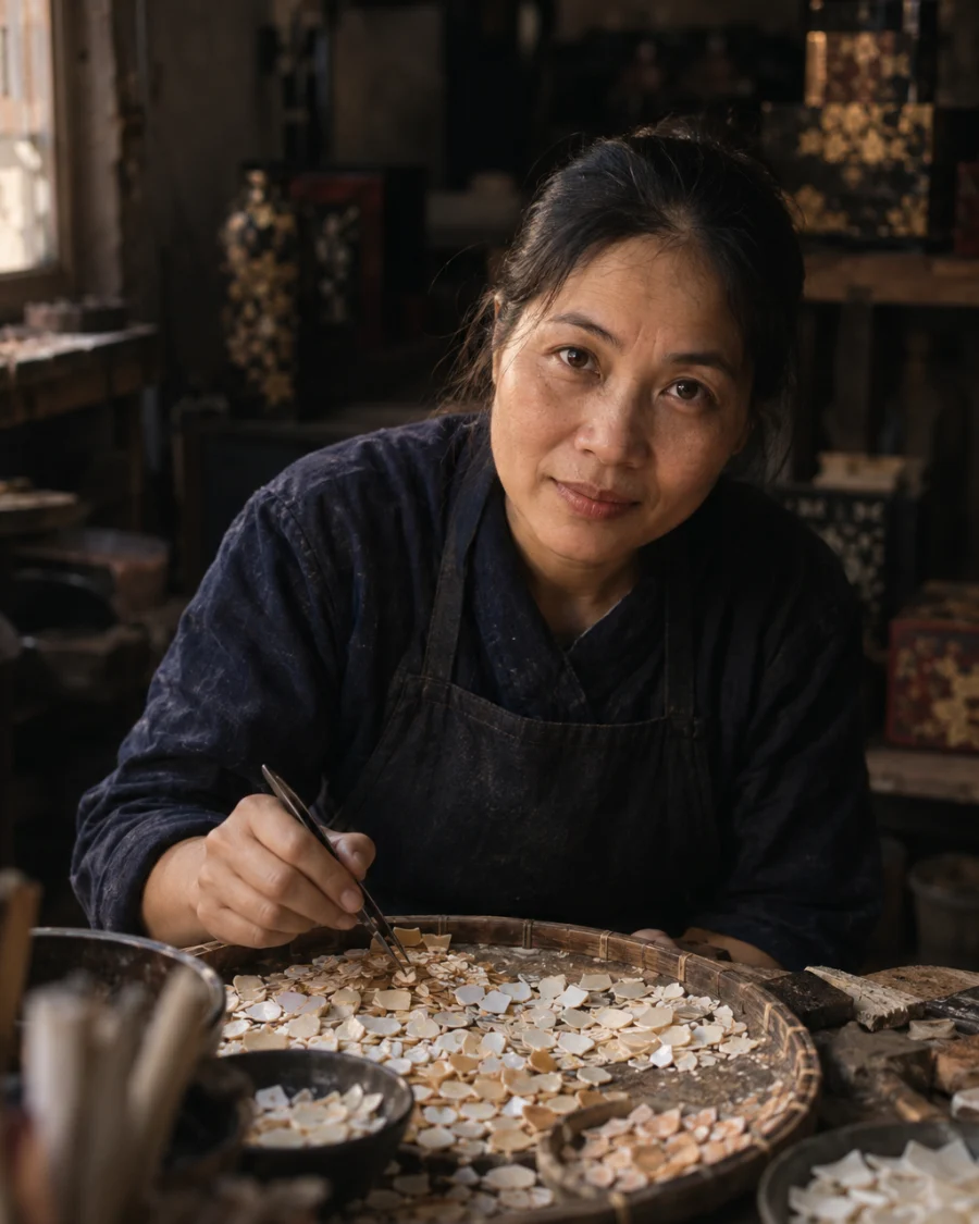 Portrait of Đỗ Thị Hương, eggshell-inlay artisan in her forties, at a tray of sorted duck eggshell in the Hạ Thái workshop, tweezers in hand, looking up, second generation of the family trade