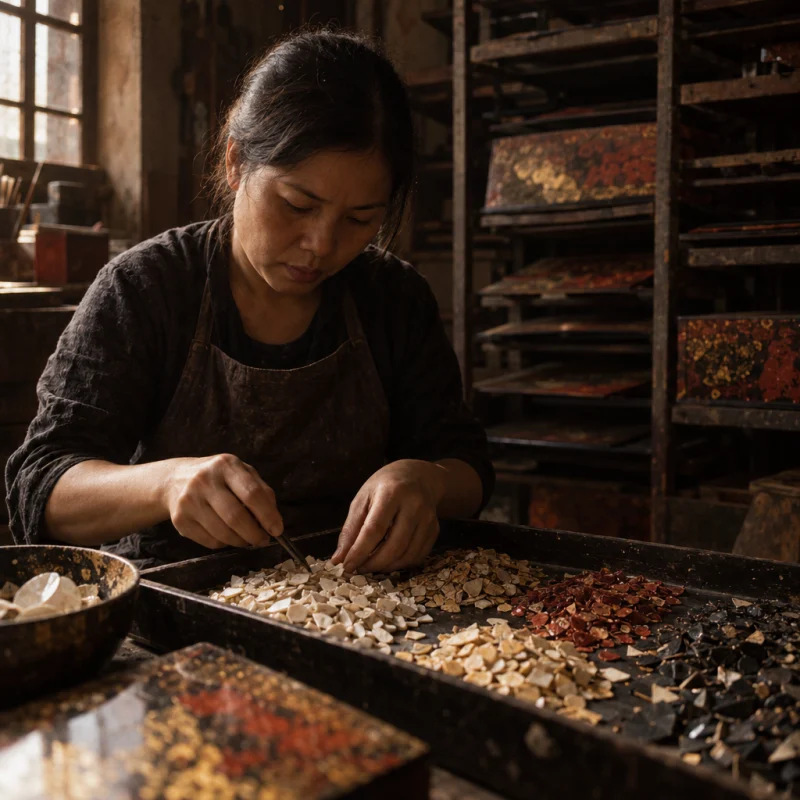Fingers sorting fragments of duck eggshell by shade on a dark tray, in the Hạ Thái lacquer workshop, dark wooden drying cabinets behind, palette of brown-black, cinnabar and dull gold