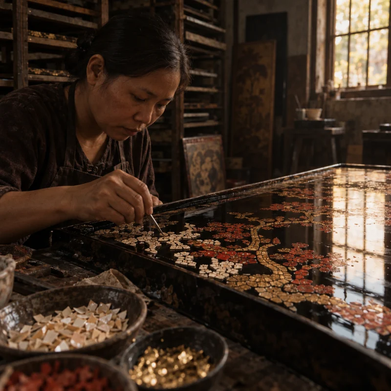 A tray of eggshell mosaic half laid into wet black lacquer, in the Hạ Thái lacquer workshop, dark wooden drying cabinets behind, palette of brown-black, cinnabar and dull gold