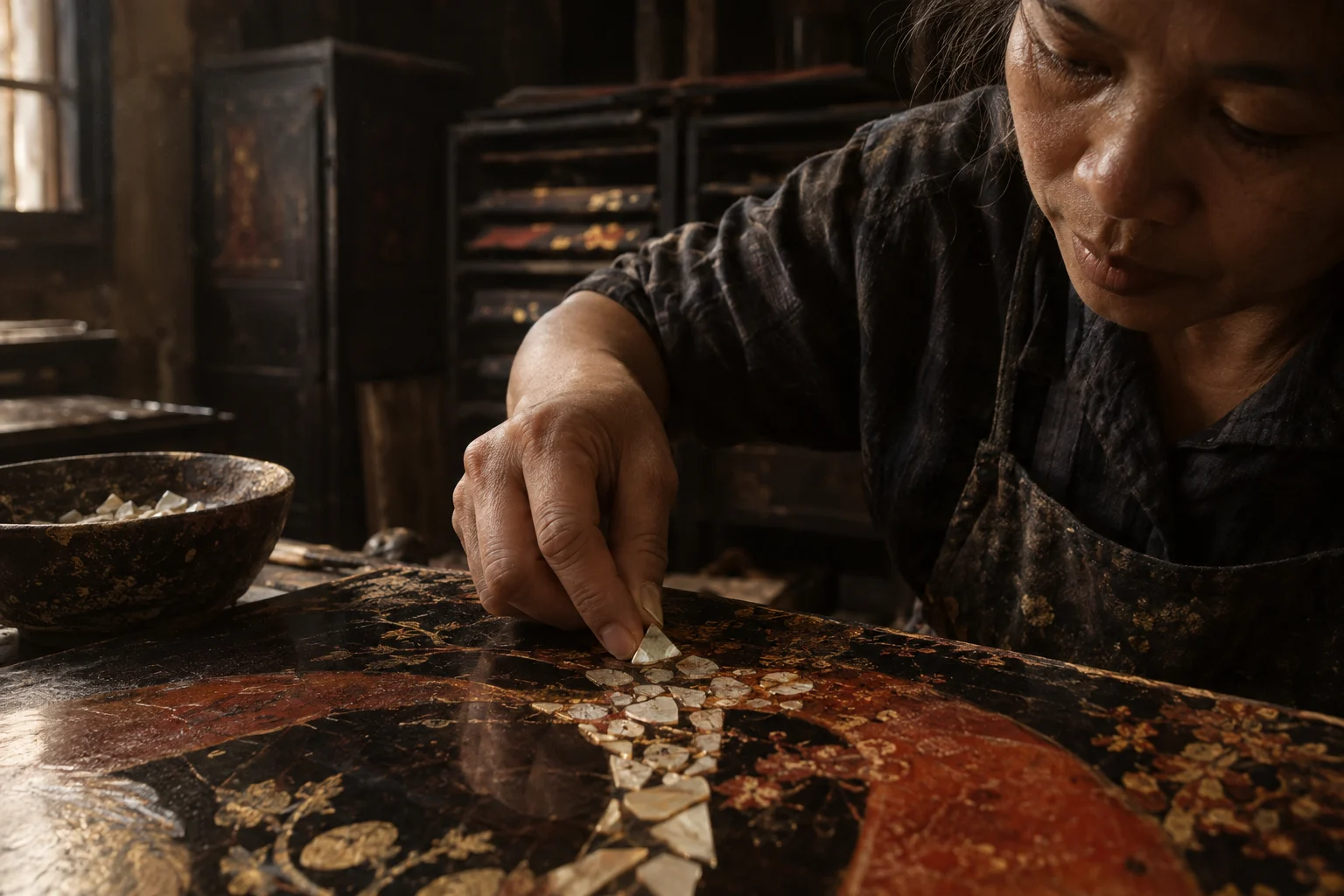A thumb pressing a shard of eggshell flat into the lacquer, in the Hạ Thái lacquer workshop, dark wooden drying cabinets behind, palette of brown-black, cinnabar and dull gold