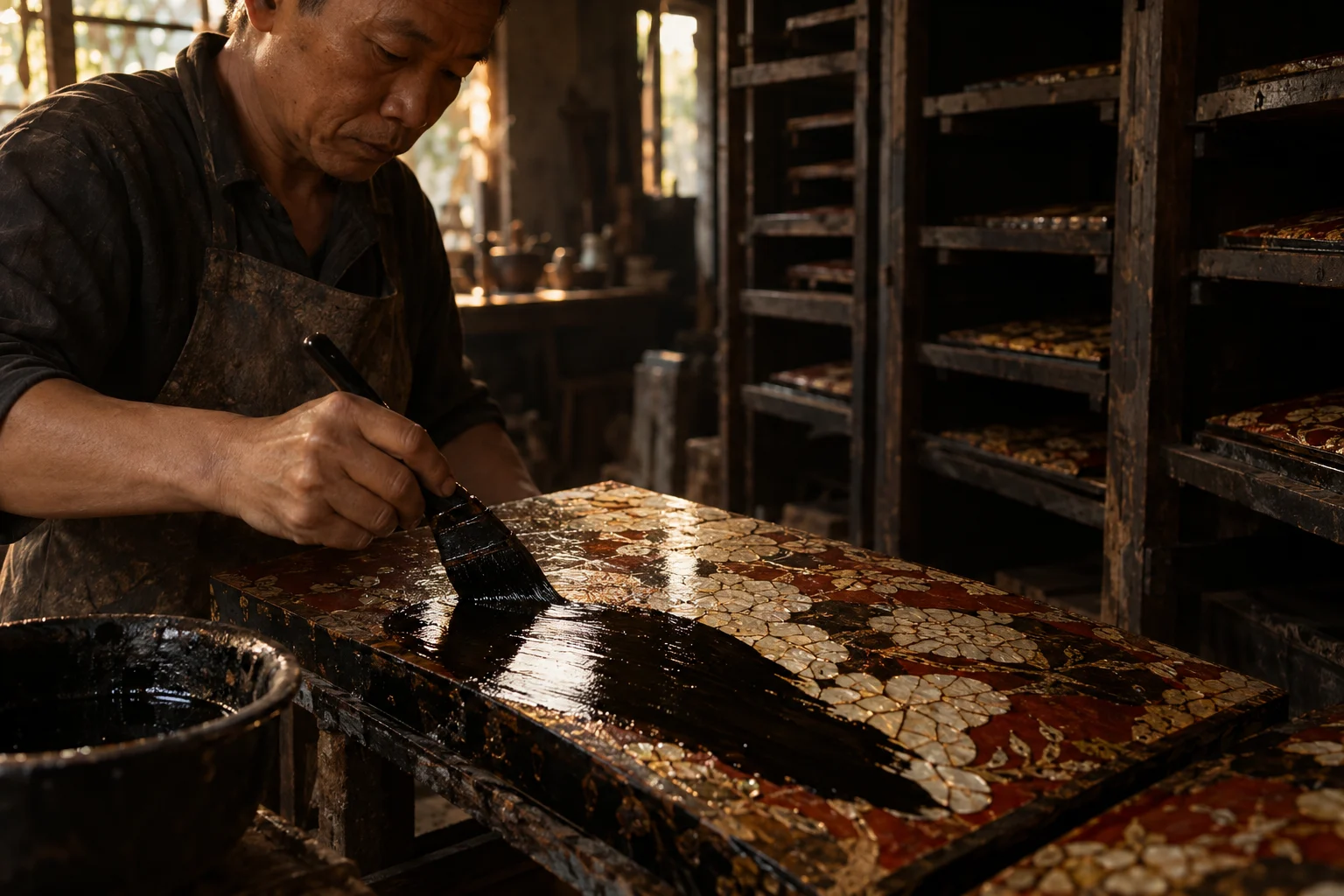 A brush drawing the first black coat over finished eggshell inlay, in the Hạ Thái lacquer workshop, dark wooden drying cabinets behind, palette of brown-black, cinnabar and dull gold