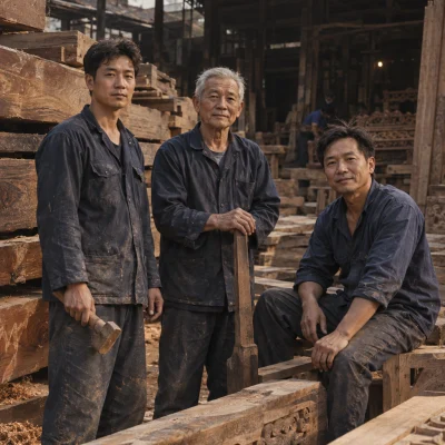 Portrait of the Đồng Kỵ family workshop: three carvers and joiners of different ages standing together in the timber yard among stacked ironwood, family workshop of the family trade