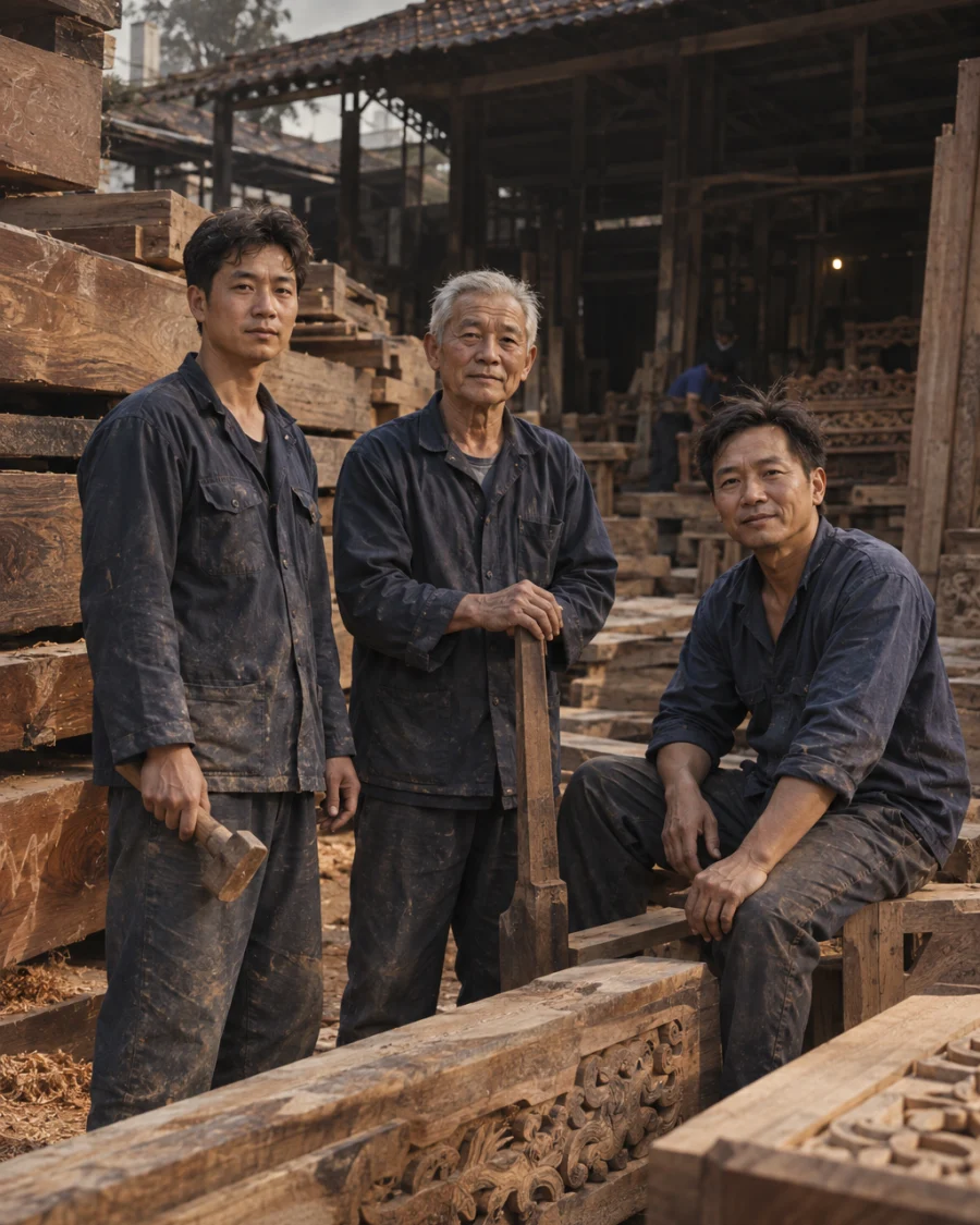 Portrait of the Đồng Kỵ family workshop: three carvers and joiners of different ages standing together in the timber yard among stacked ironwood, family workshop of the family trade