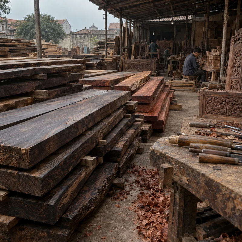 Stacks of ironwood and rosewood planks drying in an open-sided yard, in a Đồng Kỵ carving workshop, ironwood and rosewood planks, chisels and shavings, oiled dark grain, timber-yard light