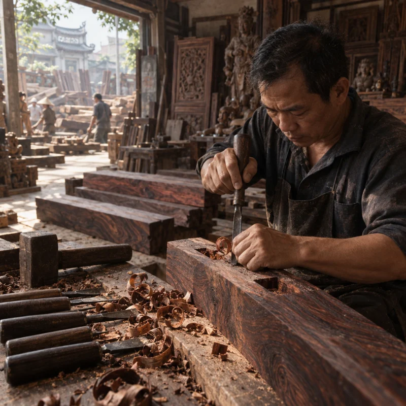 A chisel paring a mortise in dark hardwood, shavings curling, in a Đồng Kỵ carving workshop, ironwood and rosewood planks, chisels and shavings, oiled dark grain, timber-yard light