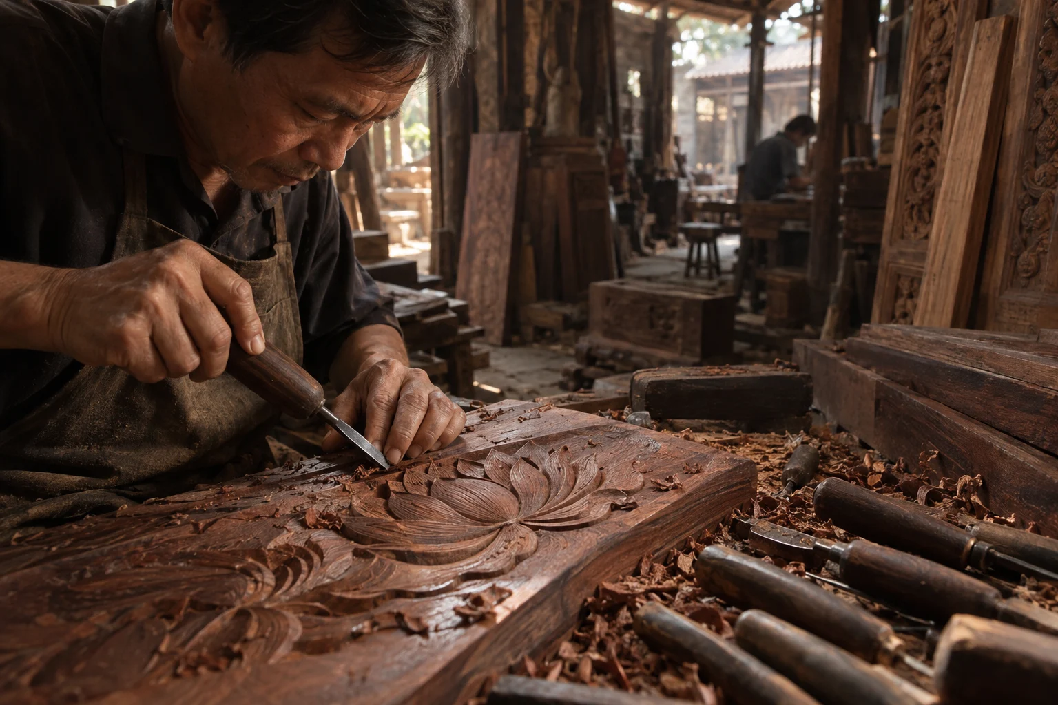 Hands carving a low-relief lotus into rosewood with a small gouge, in a Đồng Kỵ carving workshop, ironwood and rosewood planks, chisels and shavings, oiled dark grain, timber-yard light