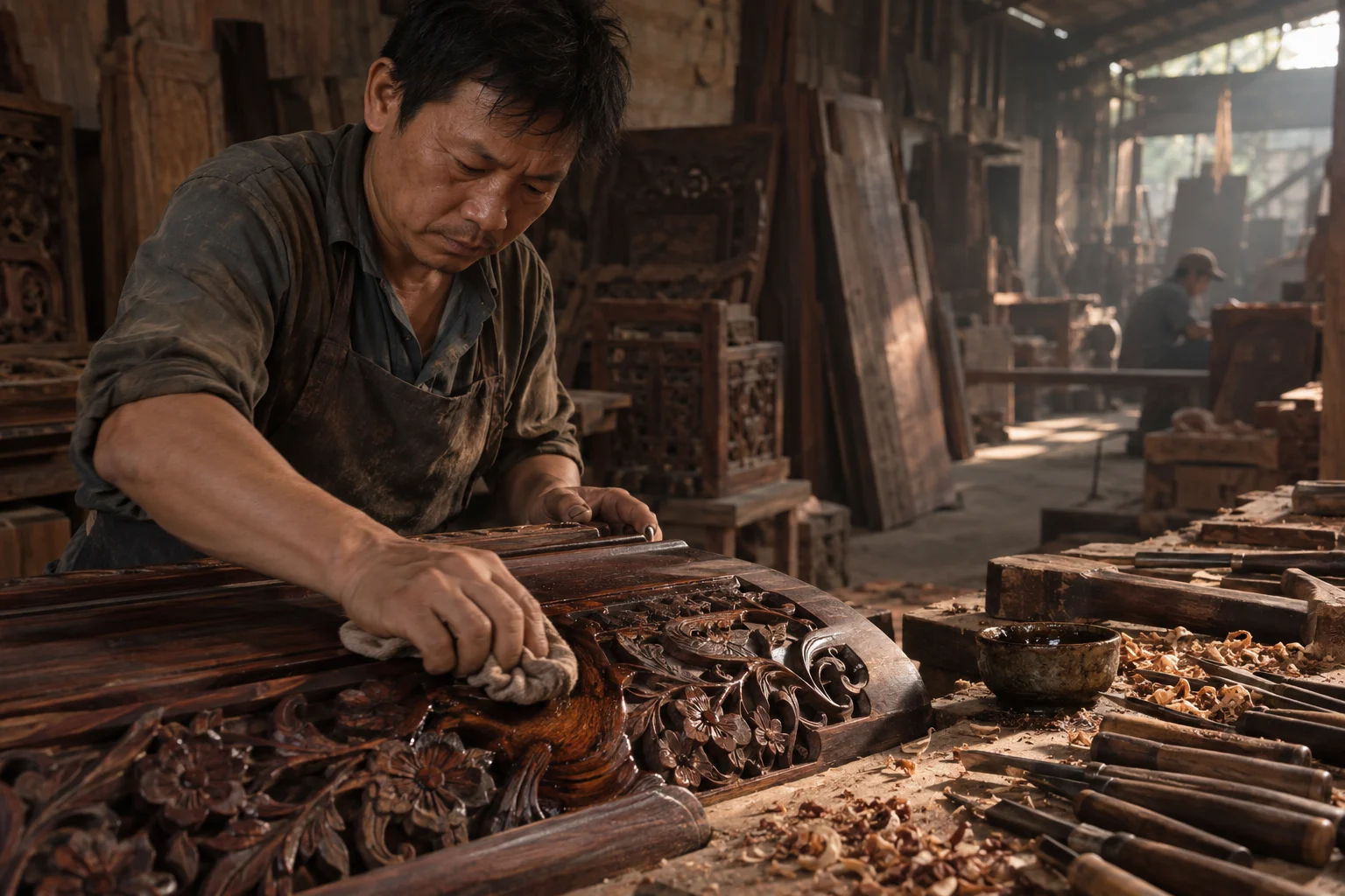 A cloth rubbing oil into carved rosewood, grain darkening under it, in a Đồng Kỵ carving workshop, ironwood and rosewood planks, chisels and shavings, oiled dark grain, timber-yard light