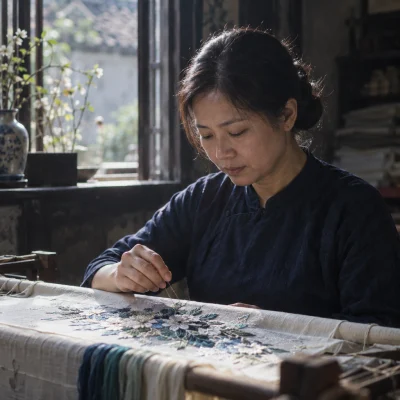 Portrait of Lê Thị Hoa, embroiderer in her forties, seated at an embroidery frame by a window in Quất Động, morning light on silk thread, fifth generation of the family trade