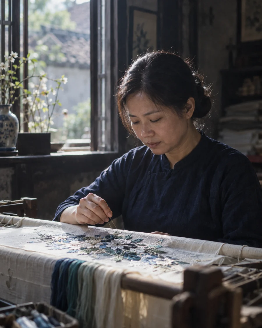 Portrait of Lê Thị Hoa, embroiderer in her forties, seated at an embroidery frame by a window in Quất Động, morning light on silk thread, fifth generation of the family trade
