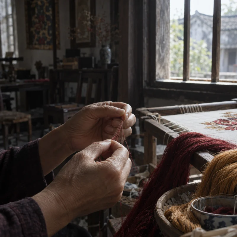 Fingertips splitting a single silk thread into finer strands, in a Quất Động embroidery room, a wooden frame set in the window, mulberry silk, deep wine red and ochre, soft morning light