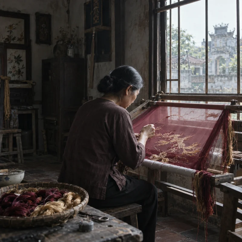 An embroidery frame with silk stretched taut, needle resting in it, in a Quất Động embroidery room, a wooden frame set in the window, mulberry silk, deep wine red and ochre, soft morning light