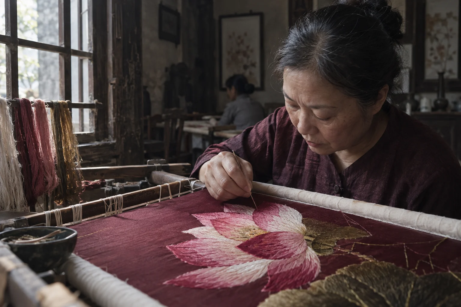 Macro of stitches shading from deep pink to cream in a lotus petal, in a Quất Động embroidery room, a wooden frame set in the window, mulberry silk, deep wine red and ochre, soft morning light