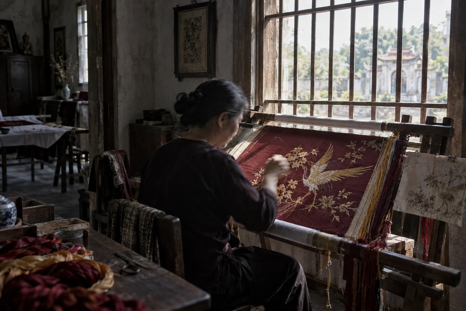An embroidery frame set against a window, morning light, the embroiderer's hand blurred, in a Quất Động embroidery room, a wooden frame set in the window, mulberry silk, deep wine red and ochre, soft morning light