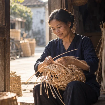 Portrait of Nguyễn Thị Lan, rattan weaver in her fifties, seated in a sunlit doorway in Phú Vinh with a half-woven basket in her lap, fourth generation of the family trade