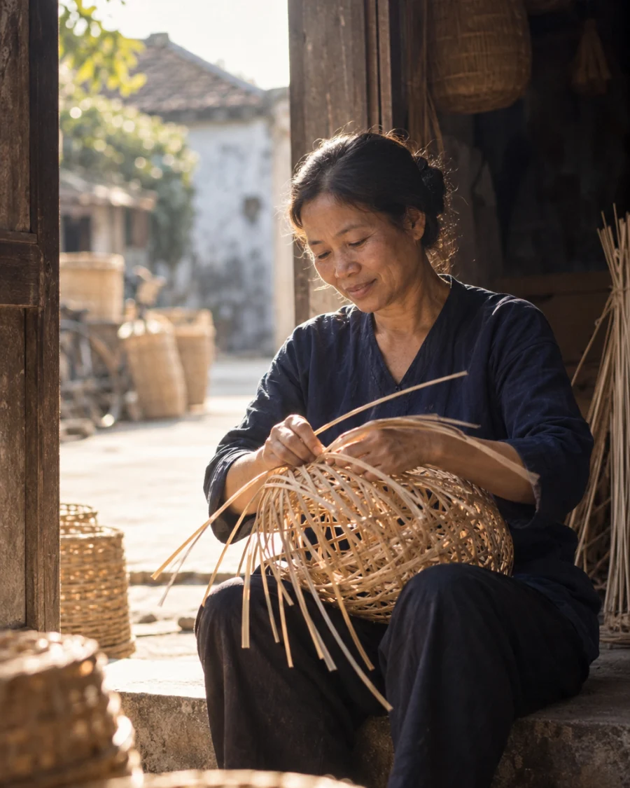 Portrait of Nguyễn Thị Lan, rattan weaver in her fifties, seated in a sunlit doorway in Phú Vinh with a half-woven basket in her lap, fourth generation of the family trade