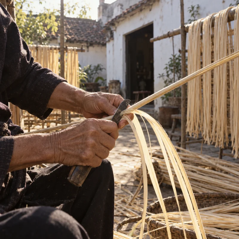 Hands splitting a length of rattan cane with a small knife, strands peeling pale, in a Phú Vinh courtyard, split rattan cane drying on bamboo racks, pale straw and honey tones, whitewashed wall, dappled sun
