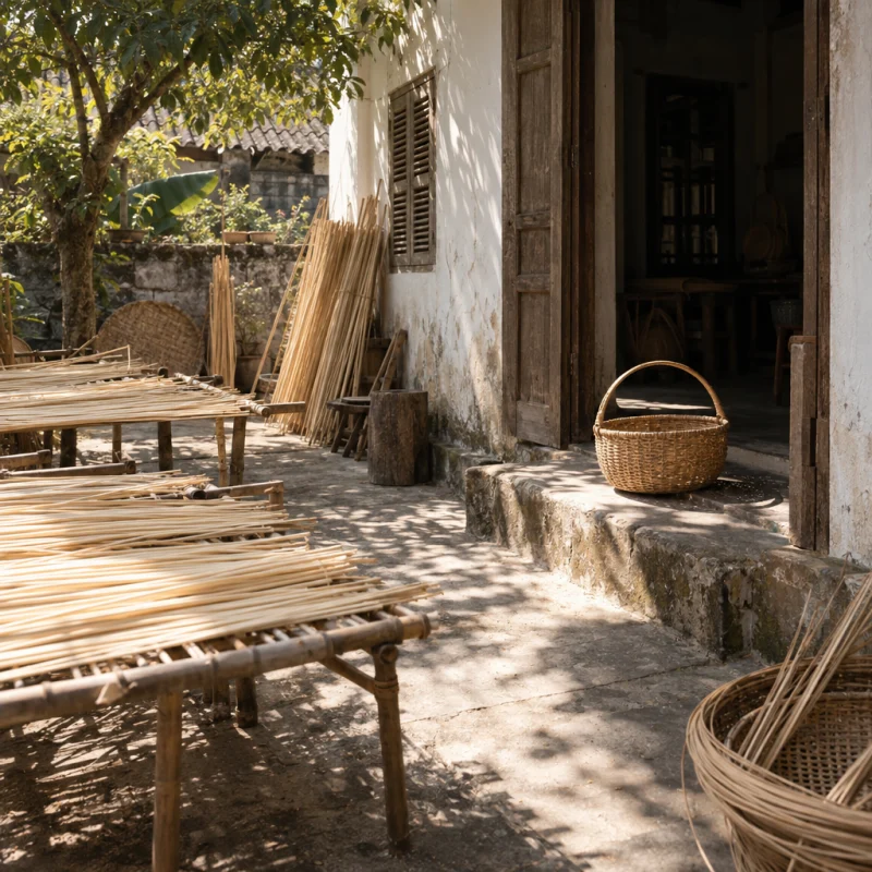 A sunlit doorway in Phú Vinh with a woven basket on the worn step, in a Phú Vinh courtyard, split rattan cane drying on bamboo racks, pale straw and honey tones, whitewashed wall, dappled sun