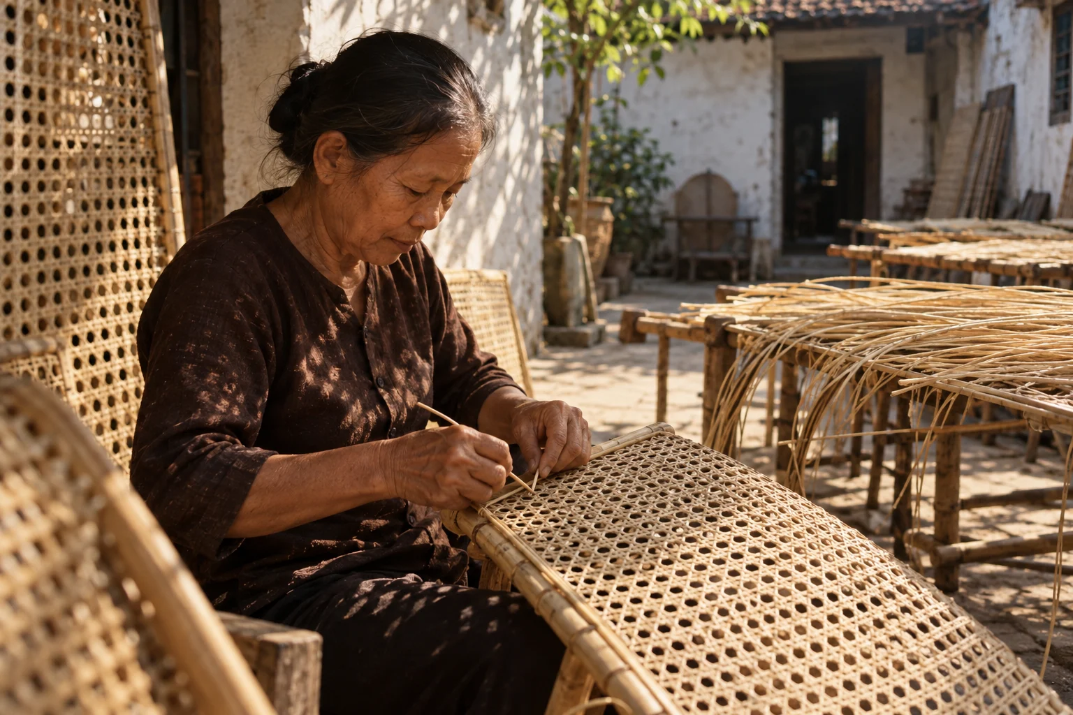 Macro of an open hexagonal rattan weave with light through it, in a Phú Vinh courtyard, split rattan cane drying on bamboo racks, pale straw and honey tones, whitewashed wall, dappled sun