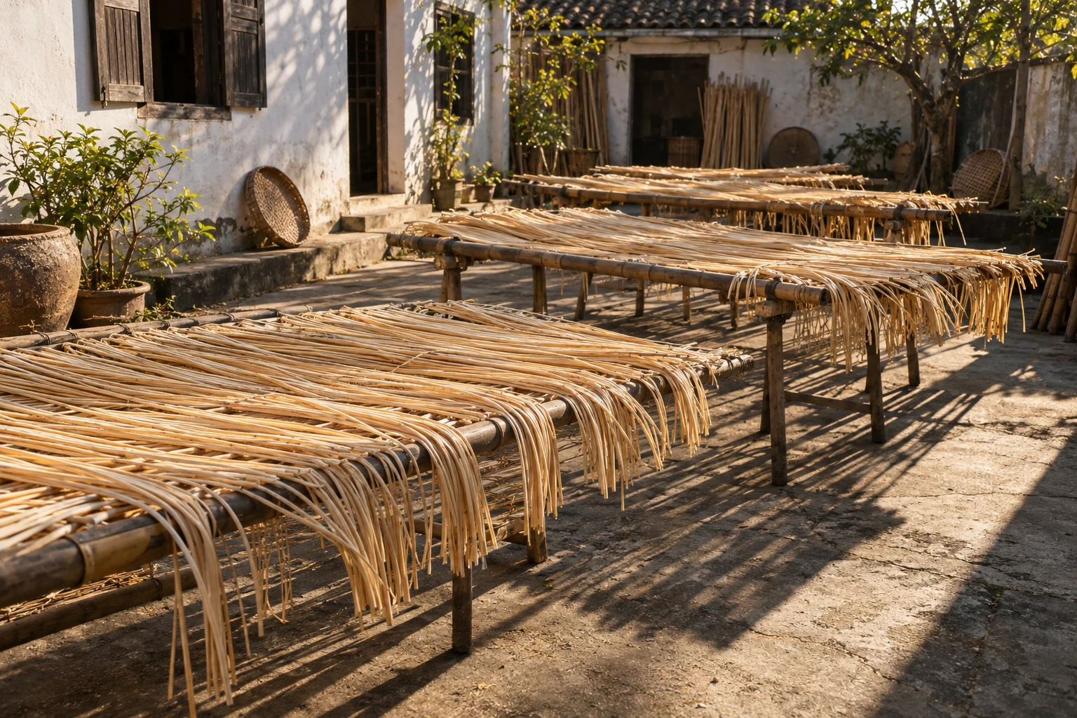 Split cane drying on bamboo racks in a courtyard, long afternoon shadows, in a Phú Vinh courtyard, split rattan cane drying on bamboo racks, pale straw and honey tones, whitewashed wall, dappled sun