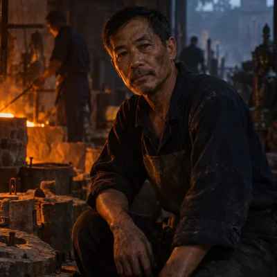 Portrait of Nguyễn Văn Sơn, bronze caster in his fifties, in the Đại Bái foundry at dawn, soot on his face, moulds and charcoal glow behind, seventh generation of the family trade