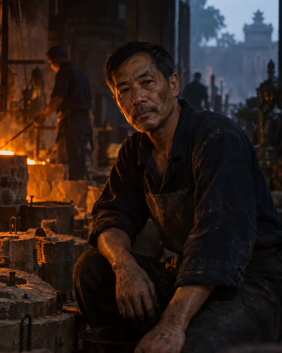 Portrait of Nguyễn Văn Sơn, bronze caster in his fifties, in the Đại Bái foundry at dawn, soot on his face, moulds and charcoal glow behind, seventh generation of the family trade