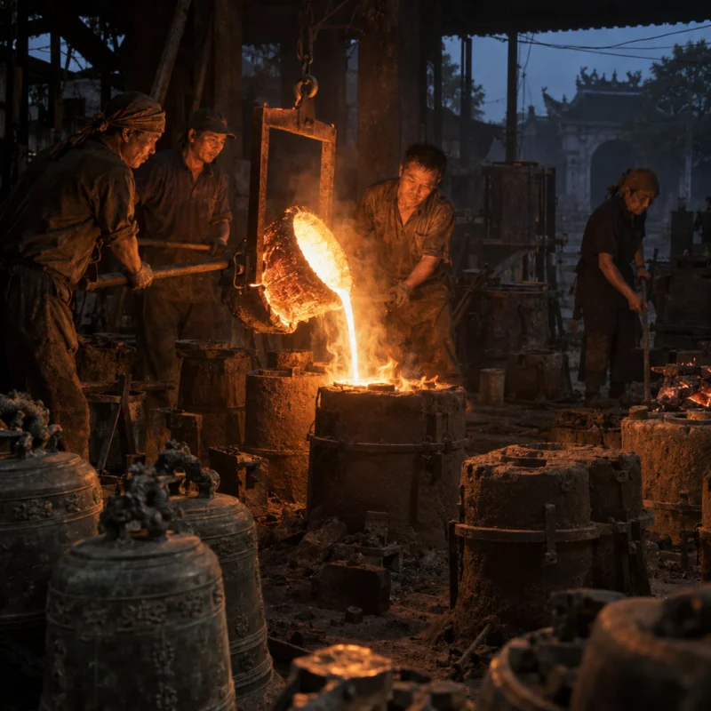 Molten bronze poured from a crucible into a sand mould before dawn, orange glow on the casters, in the Đại Bái foundry, sand moulds and charcoal glow, dark bronze with a green-brown patina, smoke and low light