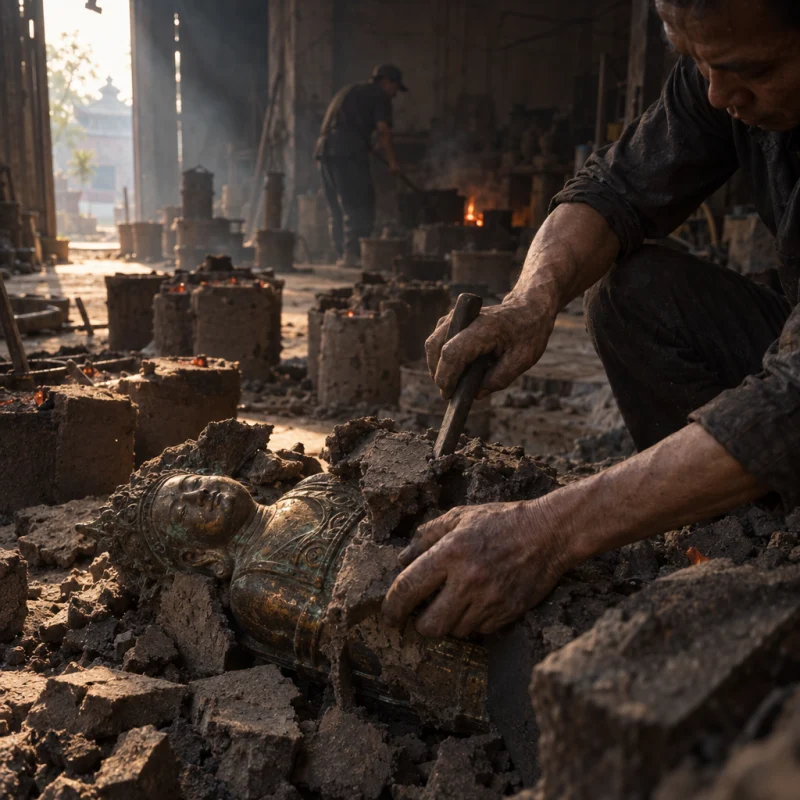 Hands breaking a sand mould away from a still-warm bronze casting, in the Đại Bái foundry, sand moulds and charcoal glow, dark bronze with a green-brown patina, smoke and low light