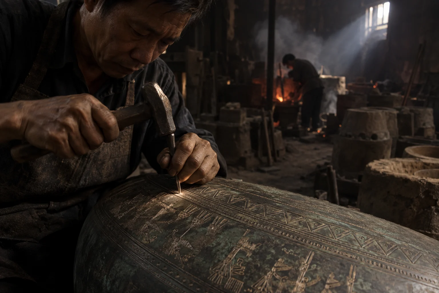 A small hammer and chisel chasing a drum pattern into bronze, bright marks in dark metal, in the Đại Bái foundry, sand moulds and charcoal glow, dark bronze with a green-brown patina, smoke and low light