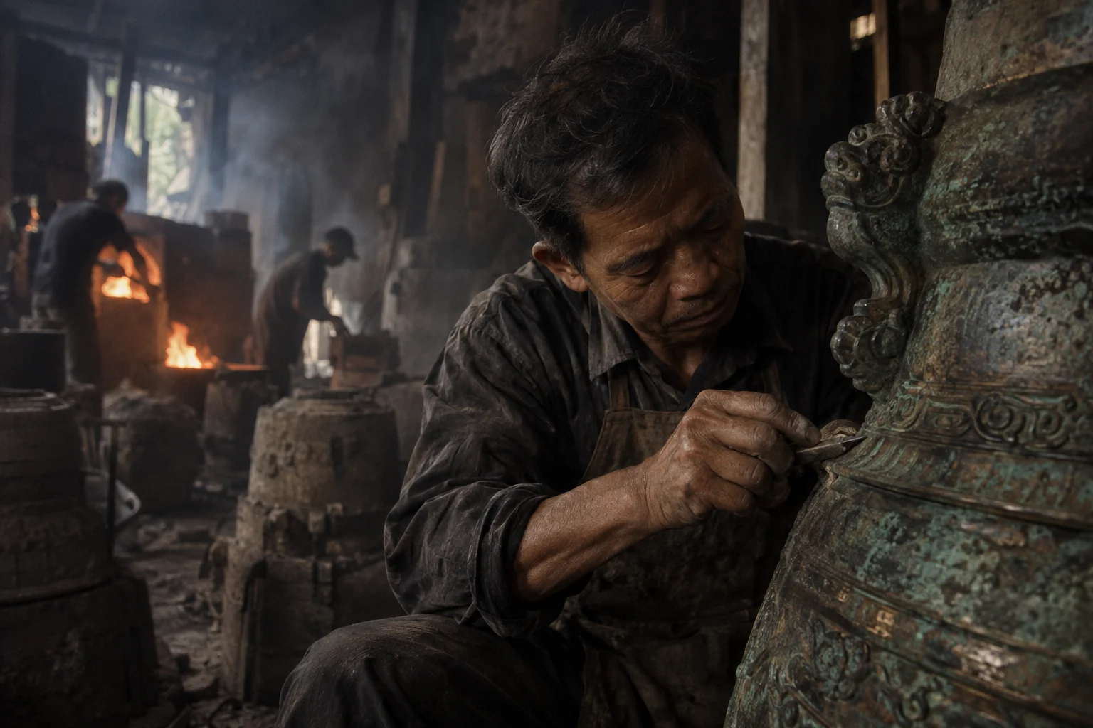 Macro of green-brown village patina on cast bronze, in the Đại Bái foundry, sand moulds and charcoal glow, dark bronze with a green-brown patina, smoke and low light