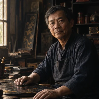 Portrait of Nguyễn Văn Thái, lacquer master in his sixties, seated at the polishing bench in Hạ Thái, hands resting on a black lacquer board, looking slightly past the camera, third generation of the family trade