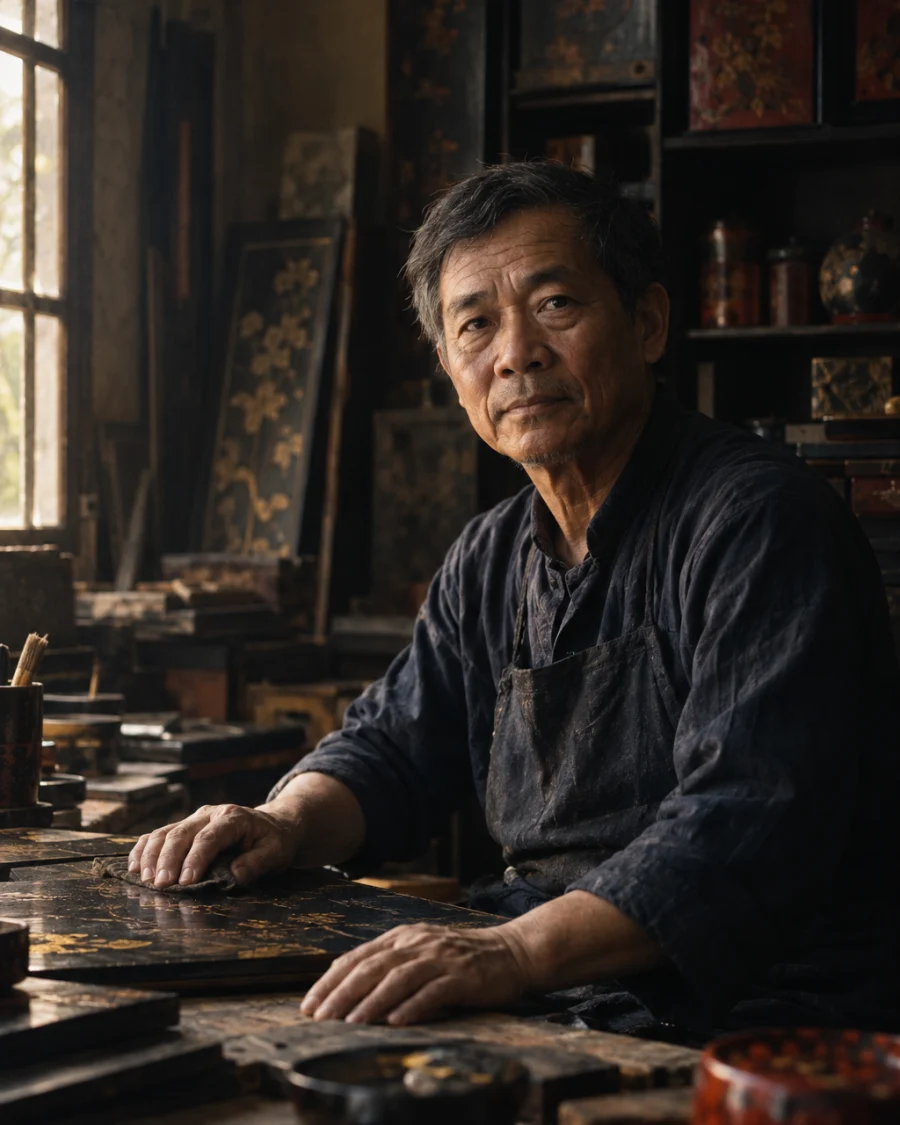 Portrait of Nguyễn Văn Thái, lacquer master in his sixties, seated at the polishing bench in Hạ Thái, hands resting on a black lacquer board, looking slightly past the camera, third generation of the family trade