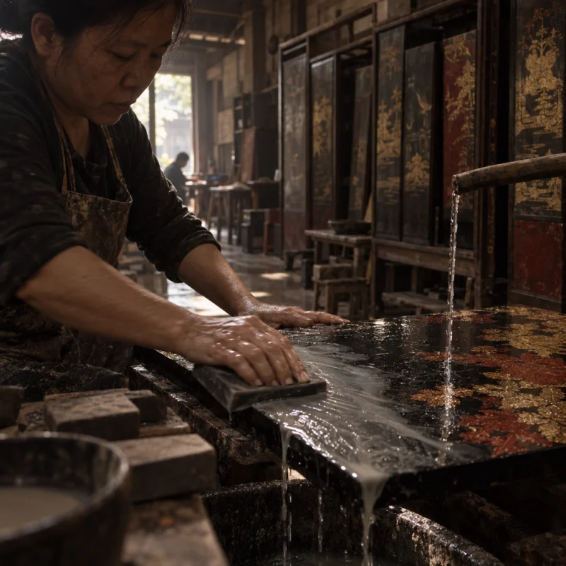 Hands wet-sanding a lacquer board under a thin stream of water, grey slurry running off the black surface, in the Hạ Thái lacquer workshop, dark wooden drying cabinets behind, palette of brown-black, cinnabar and dull gold