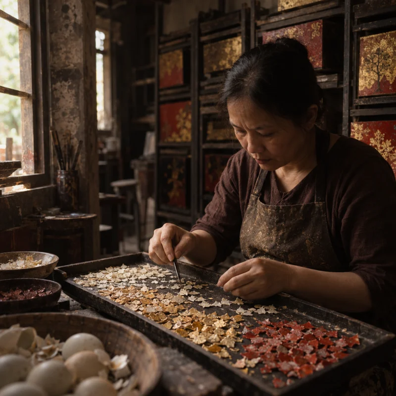 Fingers sorting fragments of duck eggshell by shade on a dark tray, in the Hạ Thái lacquer workshop, dark wooden drying cabinets behind, palette of brown-black, cinnabar and dull gold