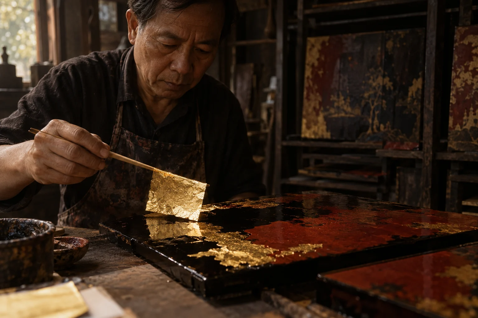 A square of gold leaf lifted on a bamboo knife over wet lacquer, in the Hạ Thái lacquer workshop, dark wooden drying cabinets behind, palette of brown-black, cinnabar and dull gold