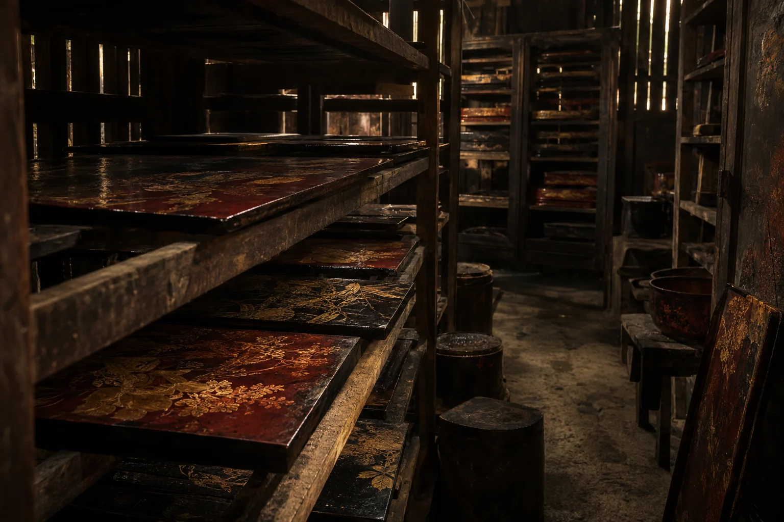 The inside of a dark wooden drying cabinet, lacquer boards curing on racks in humid air, in the Hạ Thái lacquer workshop, dark wooden drying cabinets behind, palette of brown-black, cinnabar and dull gold