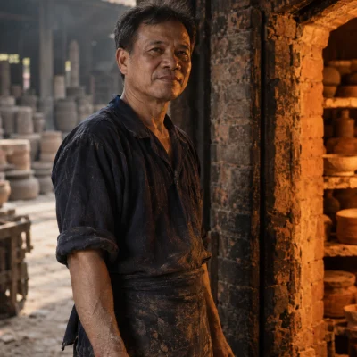 Portrait of Phạm Văn Đức, sixth-generation potter in his fifties, standing at the open brick kiln door in Bát Tràng, clay on his forearms, sixth generation of the family trade
