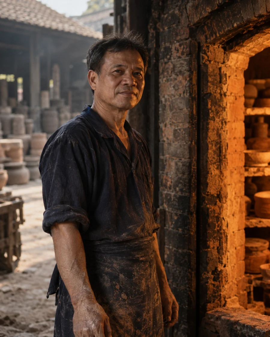 Portrait of Phạm Văn Đức, sixth-generation potter in his fifties, standing at the open brick kiln door in Bát Tràng, clay on his forearms, sixth generation of the family trade