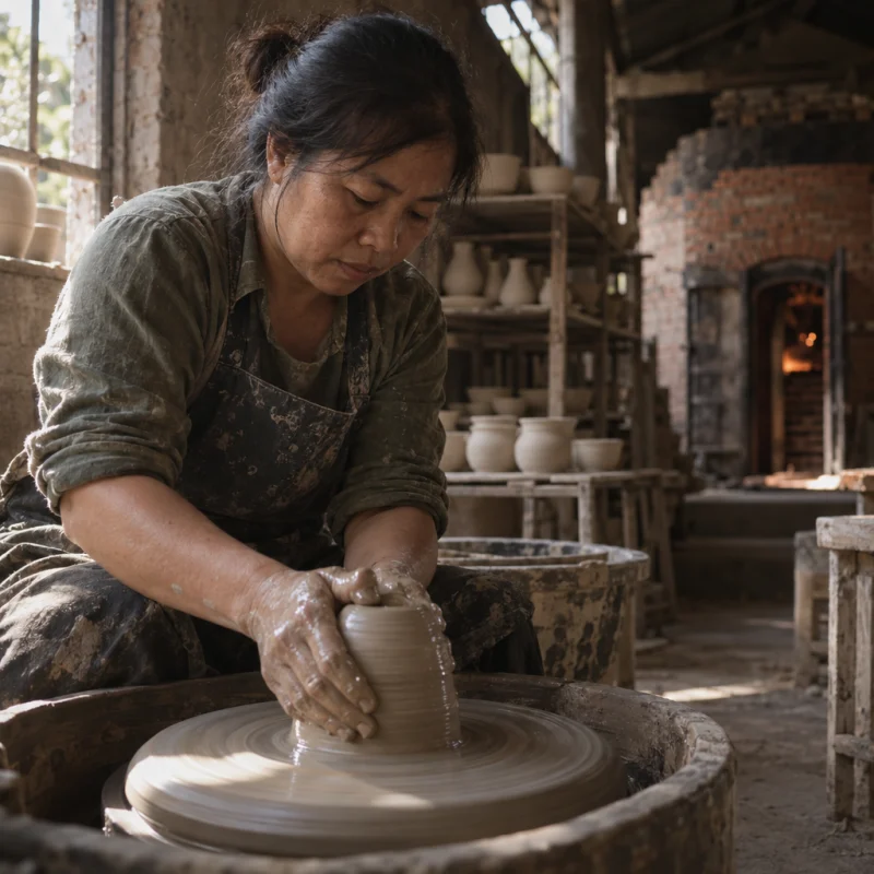 Hands centring white river clay on a kick wheel, wet clay catching the light, in a Bát Tràng pottery workshop, brick kiln door and shelves of bisque ware behind, sage greens and warm greys