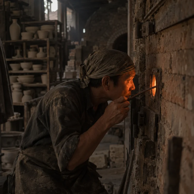 A potter peering through a spy hole at the orange flame inside a brick kiln, in a Bát Tràng pottery workshop, brick kiln door and shelves of bisque ware behind, sage greens and warm greys