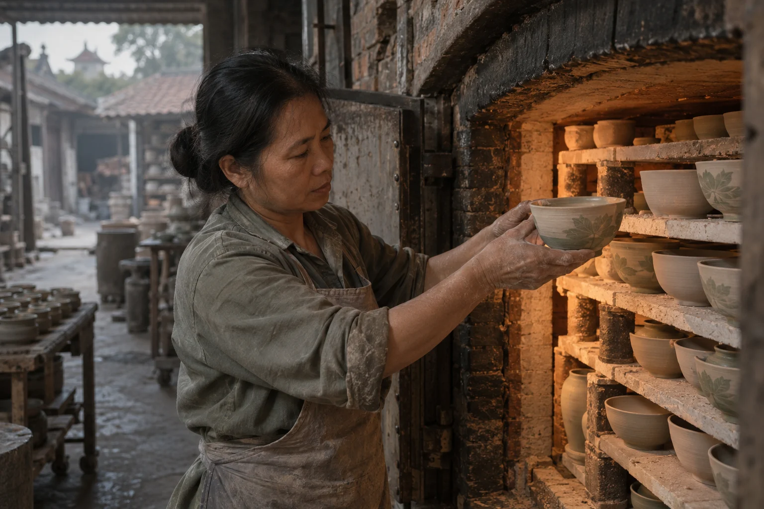 A potter lifting one bowl from a shelf of a freshly opened kiln load, in a Bát Tràng pottery workshop, brick kiln door and shelves of bisque ware behind, sage greens and warm greys