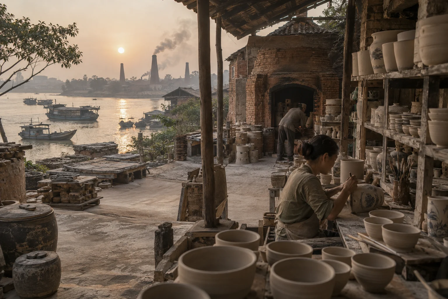 The Red River bank at Bát Tràng, boats and kiln chimneys in haze, in a Bát Tràng pottery workshop, brick kiln door and shelves of bisque ware behind, sage greens and warm greys