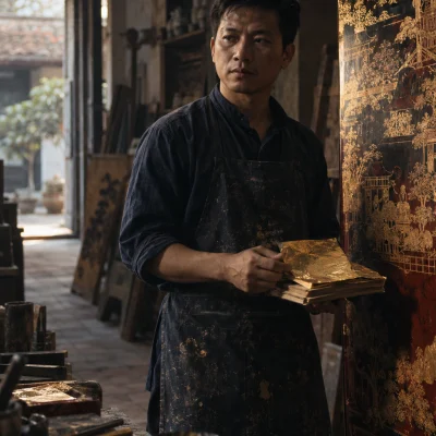 Portrait of Trần Quang Minh, gilder in his thirties, standing beside a tall lacquer screen panel in the Hạ Thái workshop, gold-leaf book in hand, fourth generation of the family trade