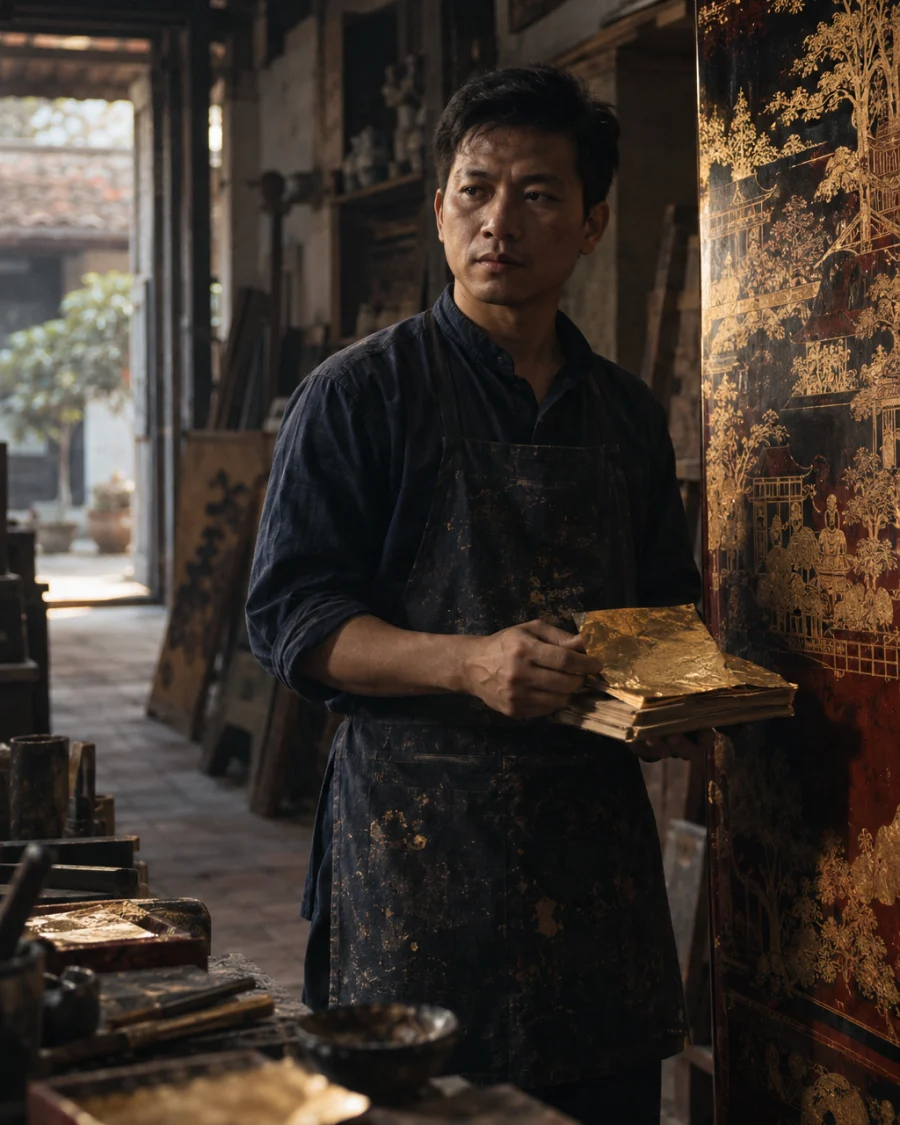 Portrait of Trần Quang Minh, gilder in his thirties, standing beside a tall lacquer screen panel in the Hạ Thái workshop, gold-leaf book in hand, fourth generation of the family trade